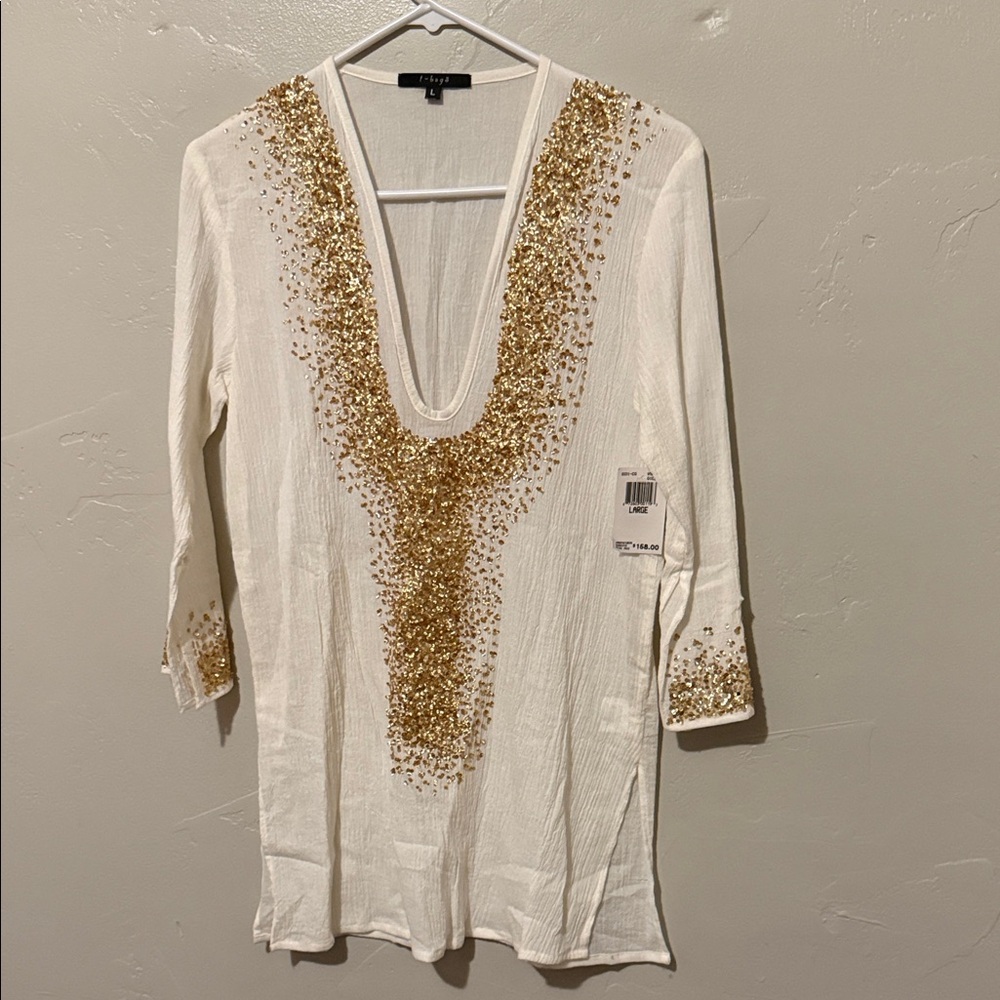 T-Bags White Tunic with Gold Sequins Embellishments Large